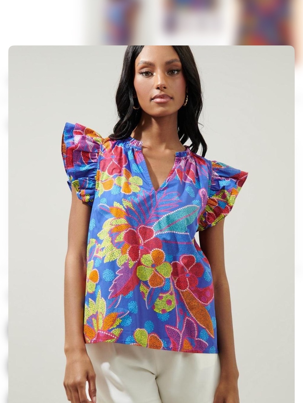 Sugarlips Blue Multicolor Floral Flutter Sleeve Top